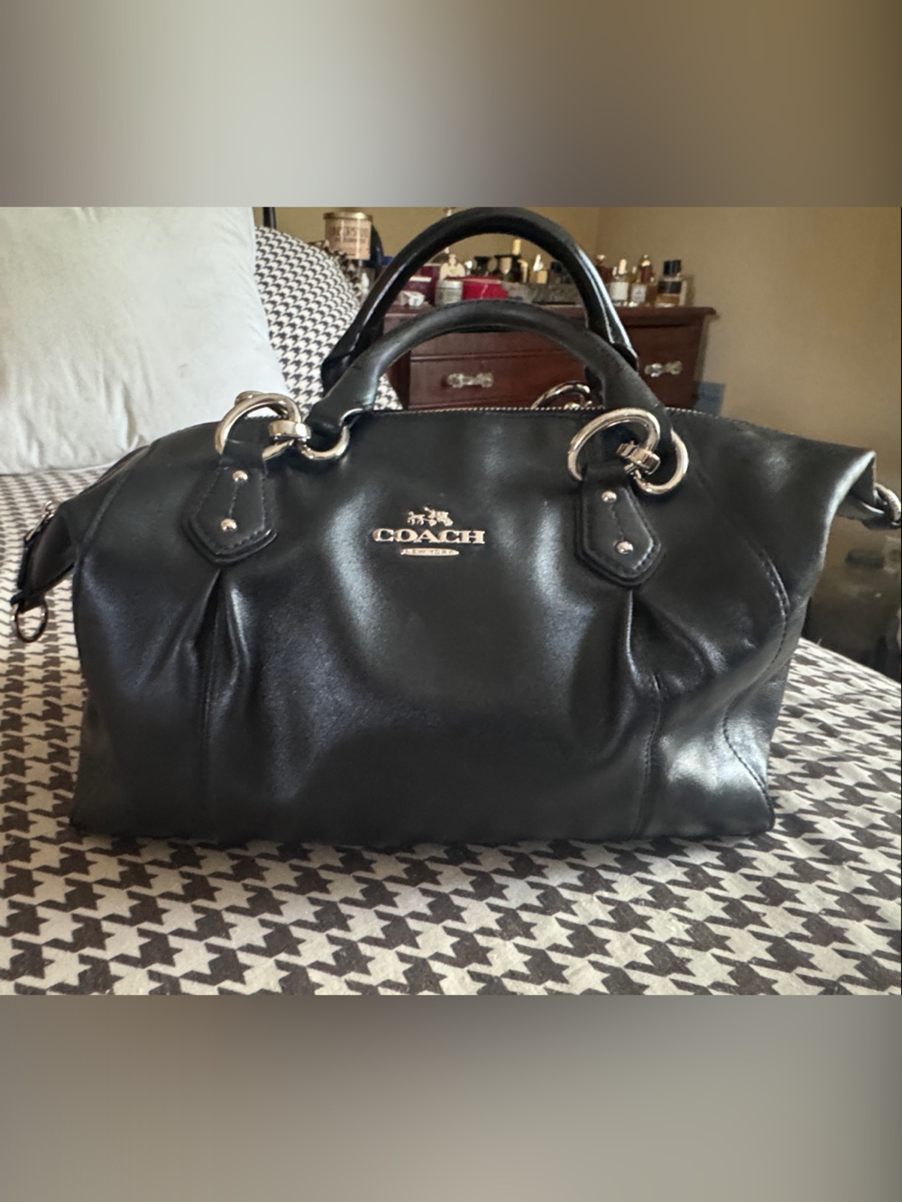 Coach Black Leather Satchel Shoulder Bag with Silver Hardware